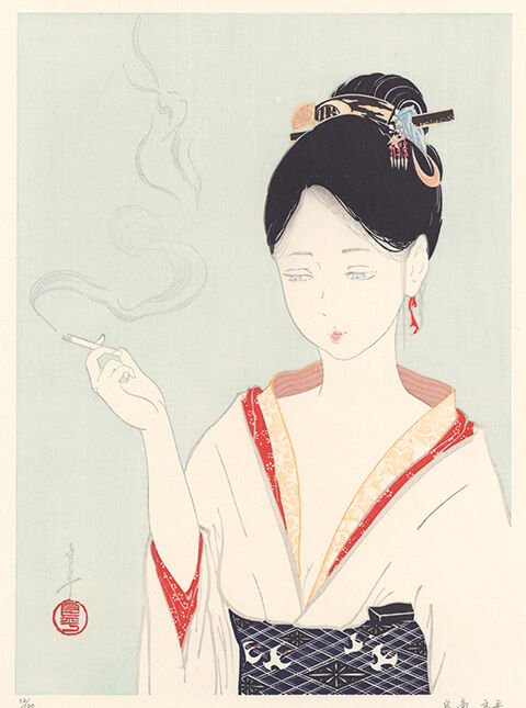 女とタバコ 木版画